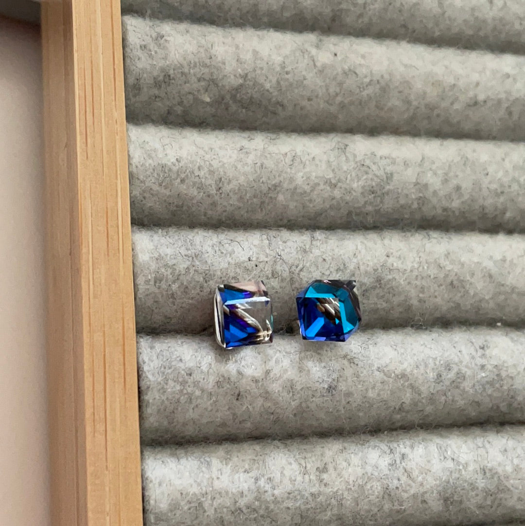 Brand New Sterling Silver CZ Half Blue Half Clear Glass Cube Studs STUNNING Earrings