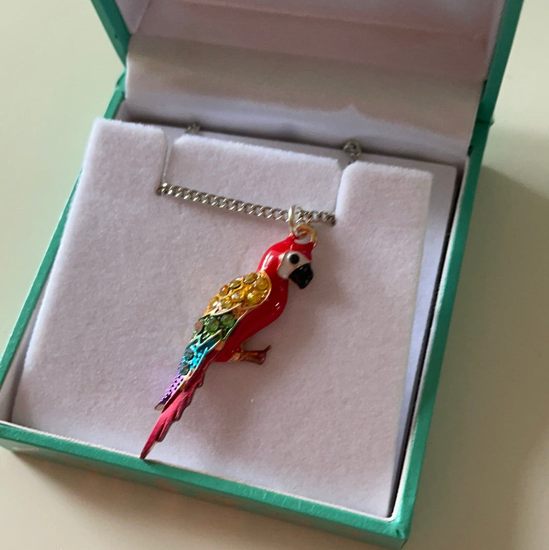 Brand New Silver Plated Enamel Colourful Parrot Necklace IN BOX