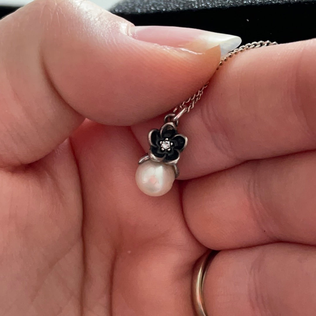 Genuine Pandora Rare Pearl Necklace Pendent with Mystic Flower