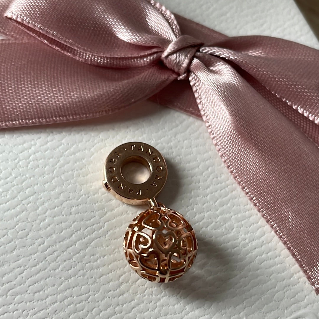 Genuine Rose Gold Heart Openwork Dangle Charm