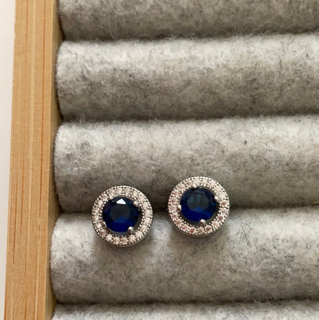 Brand New Sterling Silver CZ Blue Stone Sparkle Pave Studs Beautiful Slightly Openwork