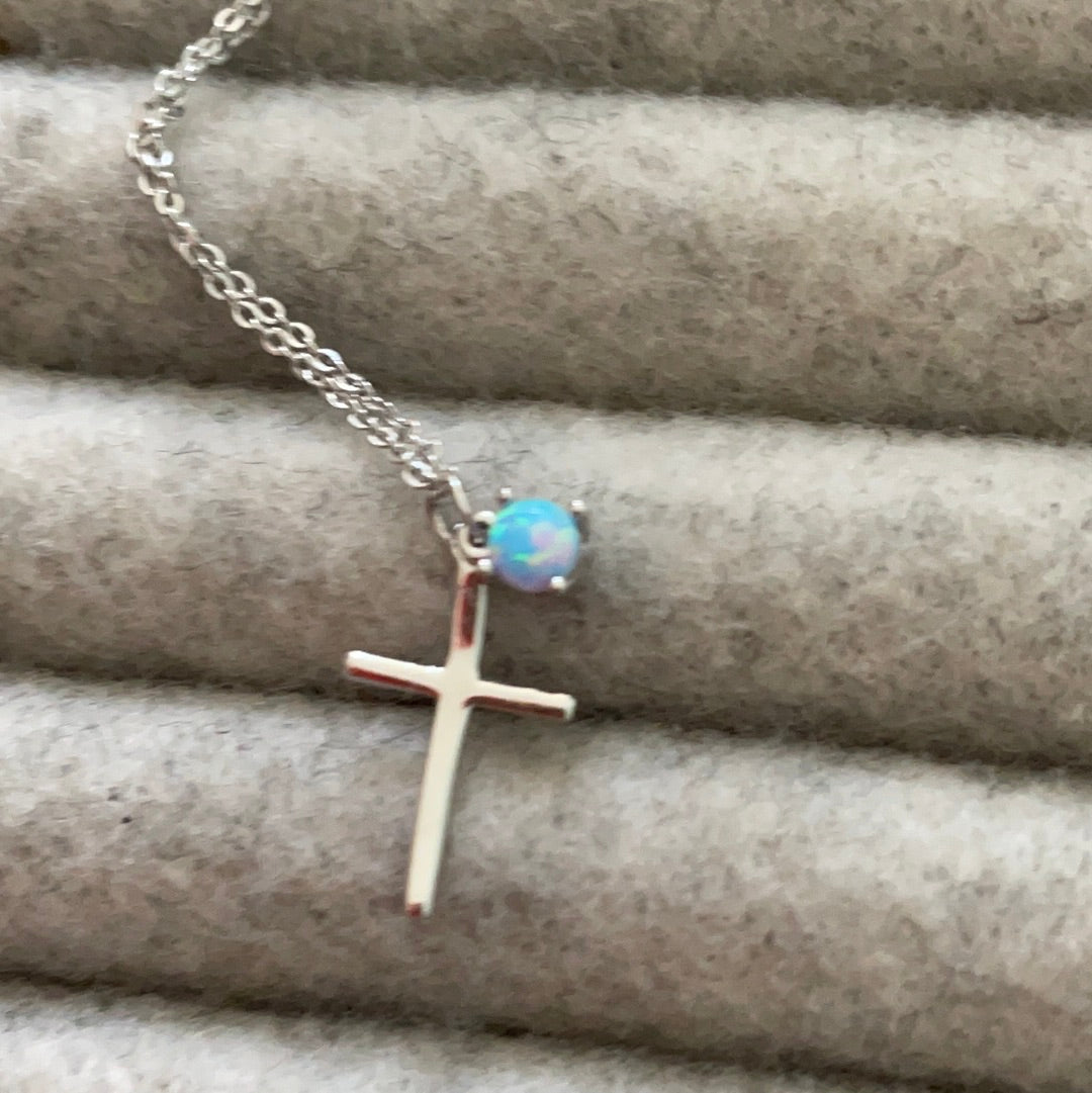 Brand New Sterling Silver Argento Cross and Opal Dangle Necklace BEAUTIFUL and Dainty