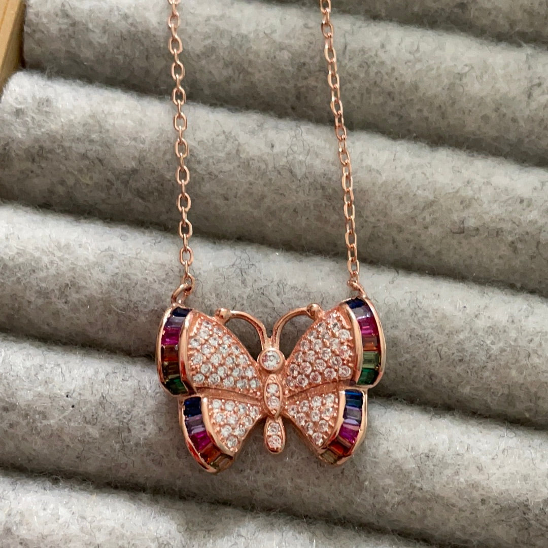 Brand New Rose Gold Pave CZ Rainbow Butterfly Necklace STUNNING