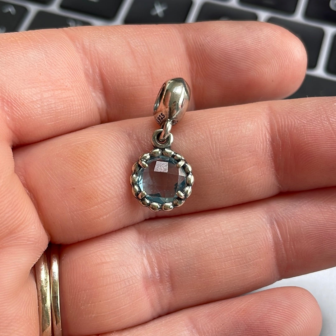 Genuine Pandora Blue Topaz Faceted Glass Dangle Charm HTF