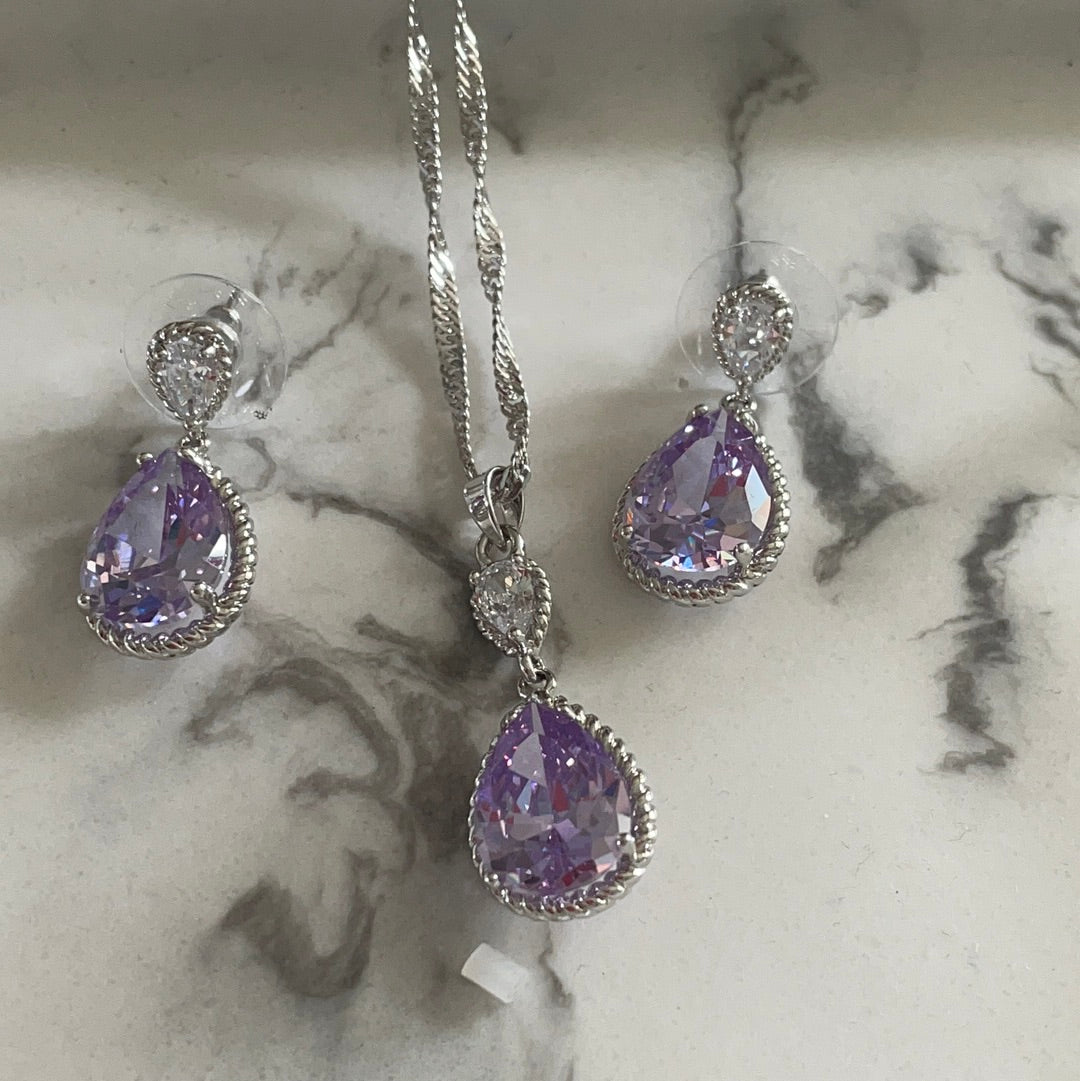 Brand New Set of Earrings and Necklace With Pale Purple Stone Pave