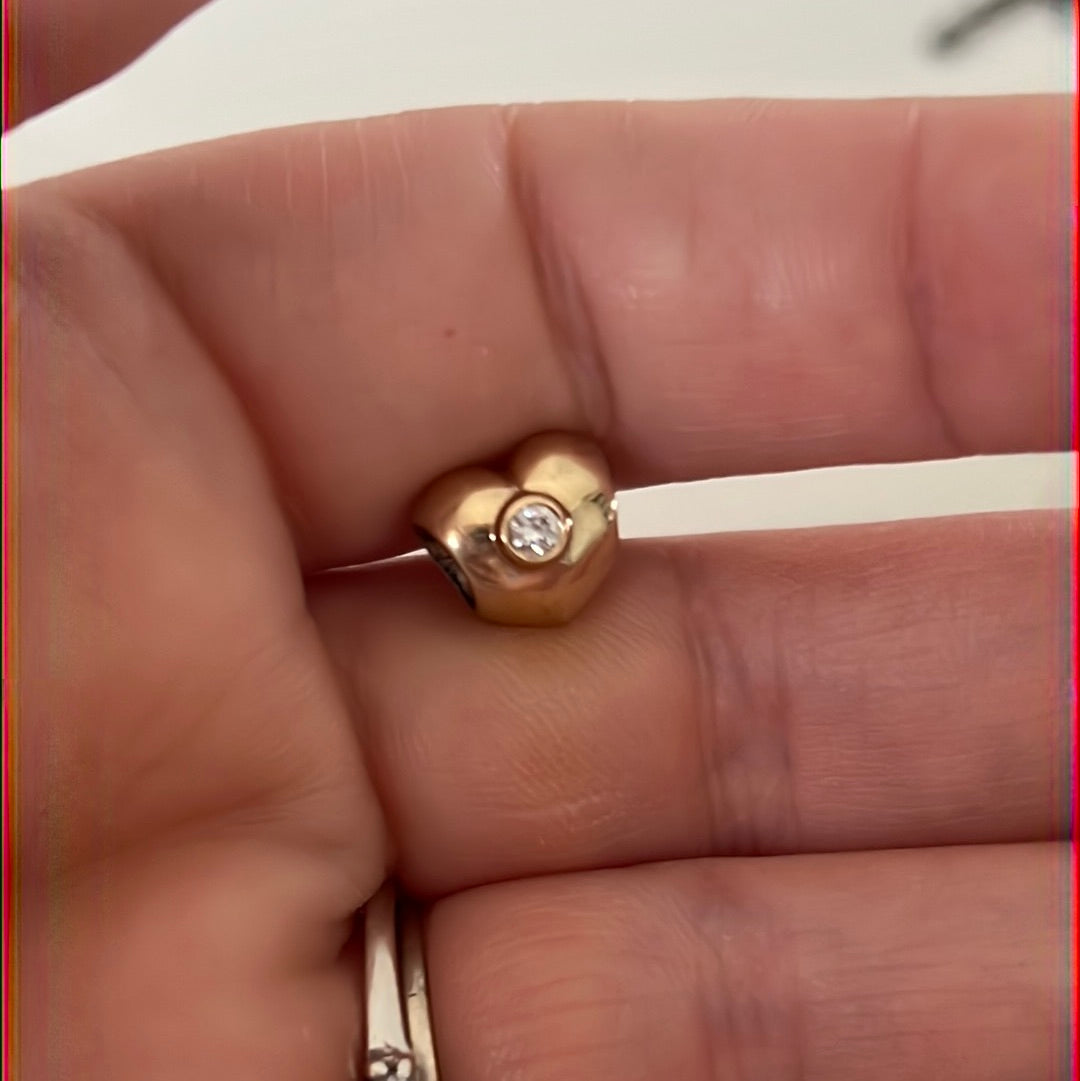 Genuine Pandora Solid Gold 14ct Puffed Heart With Diamond Rare Charm