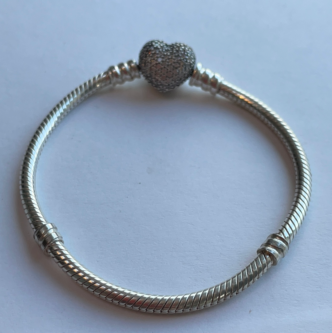 Genuine Pandora Pave Heart Clasp Snake Chain Bracelet VARIOUS SIZES