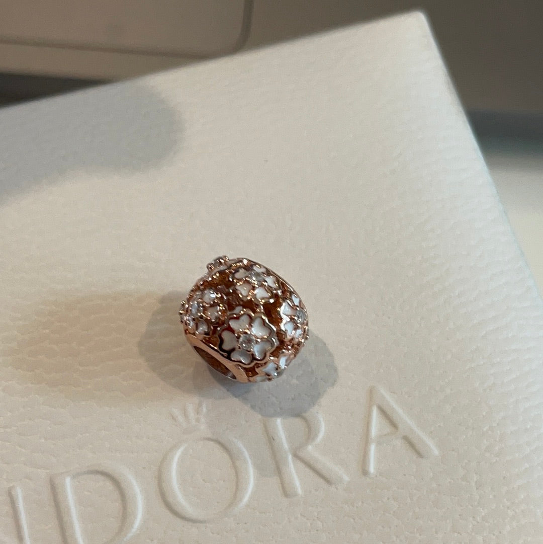 Genuine Pandora Rose Gold White Enamel Open Work Flower Charm CZ