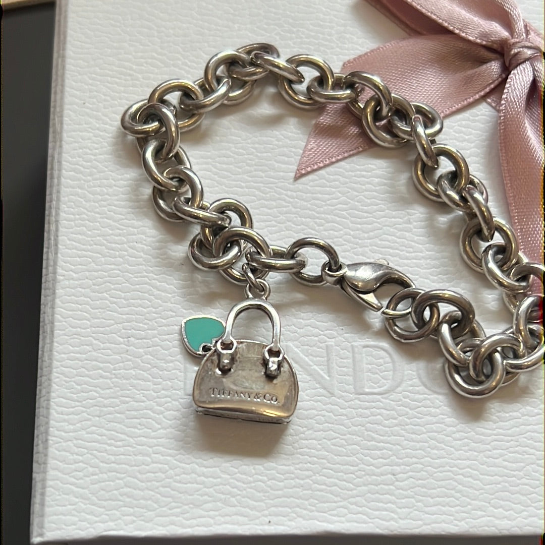 Genuine Tiffany & CO Sterling Silver Vintage Chunky Chain Bracelet With Tiffany Handbag Charm