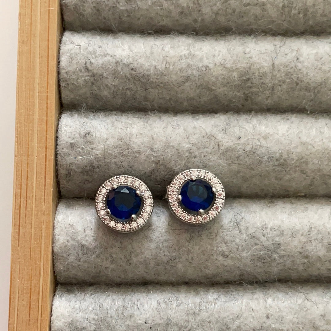 Brand New Sterling Silver CZ Blue Stone Sparkle Pave Studs Beautiful Slightly Openwork