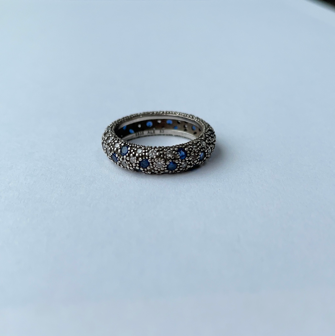 Genuine Pandora Cosmic Blue and Clear Pave Stone Ring Size 54