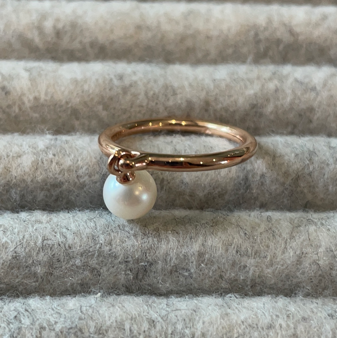 Genuine Pandora Rose Gold Ring With White Pearl Dangle