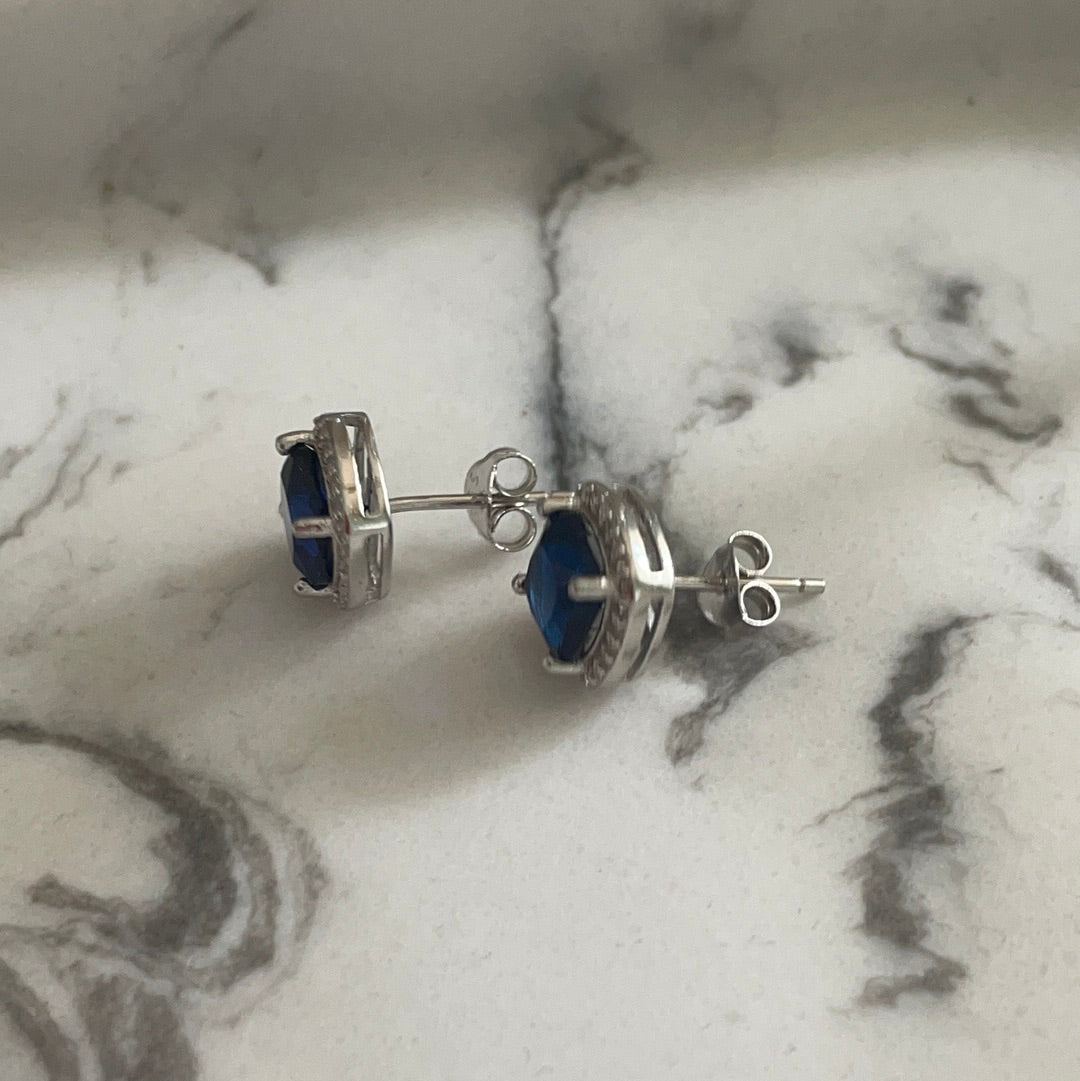 Brand New Sterling Silver CZ Blue Large Stone Pave Studs Beautiful