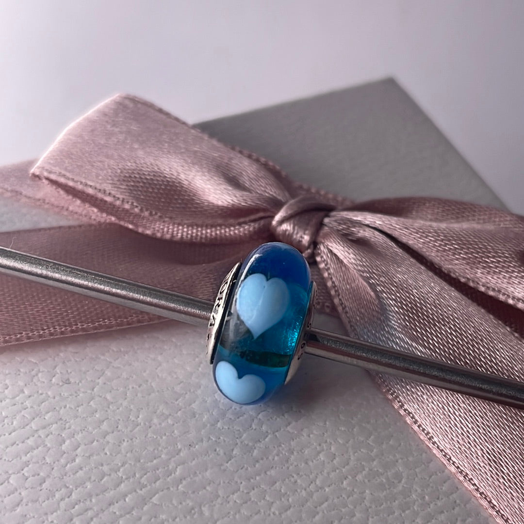 Genuine Pandora Blue Murano Glass Charm with Light Blue Heart Charm