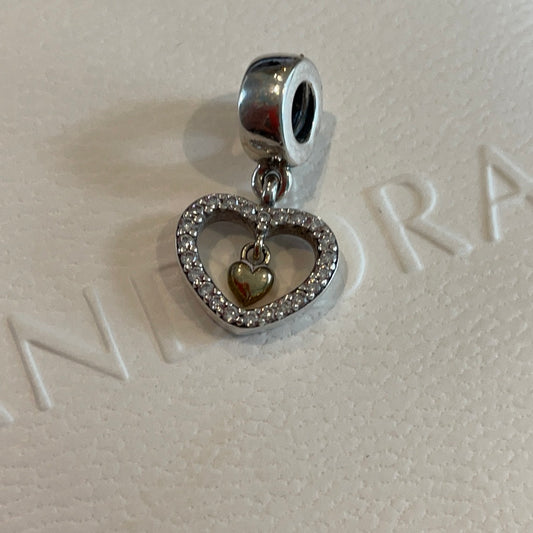 Genuine Pandora Two Tone Dangle Pave Heart With Gold Heart Inner Dangle