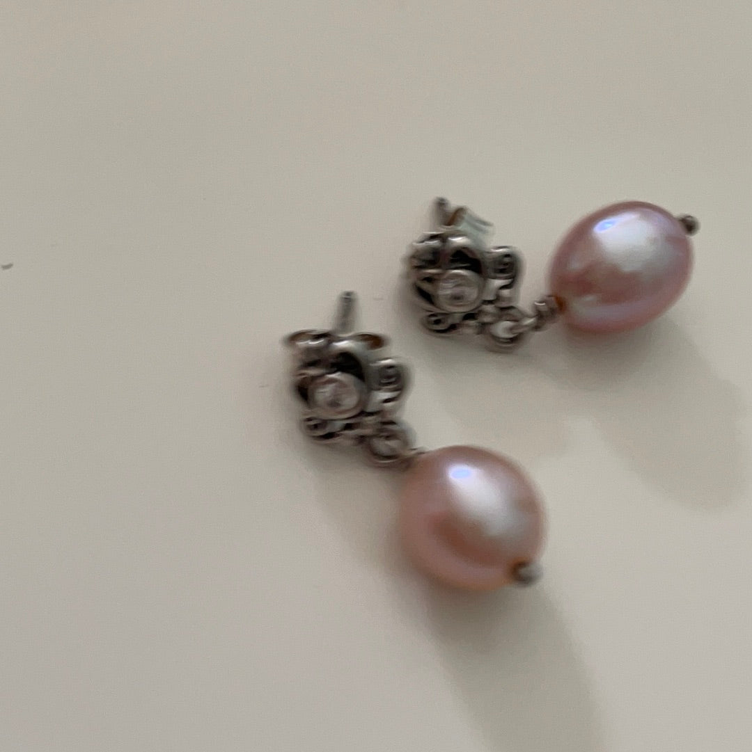 Genuine Pandora Fairy-tale Tiara Regal Stud Earrings With Pink Dangle Pearl RARE HTF