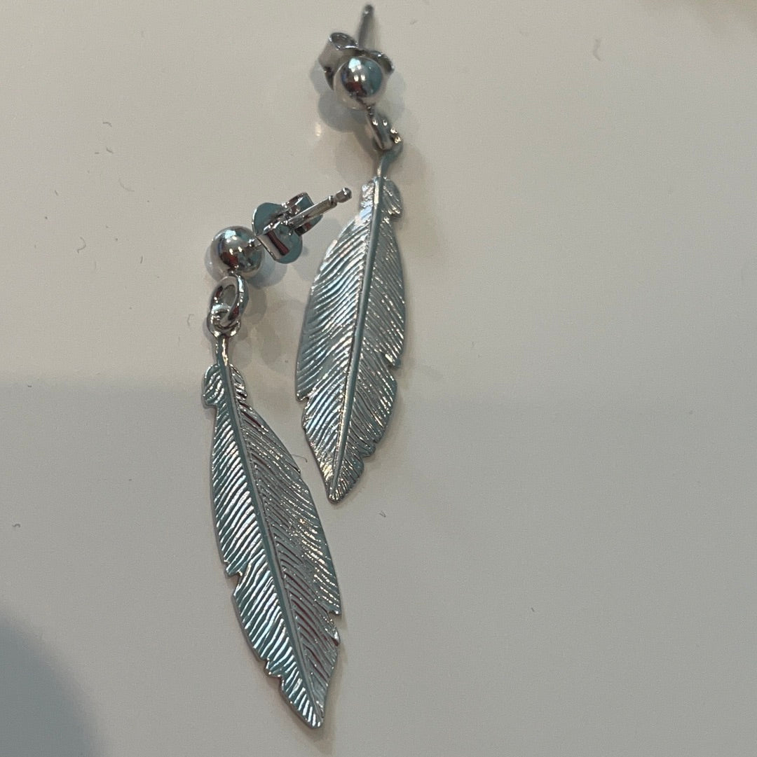 Brand New Sterling Silver Dangling Feather Earrings