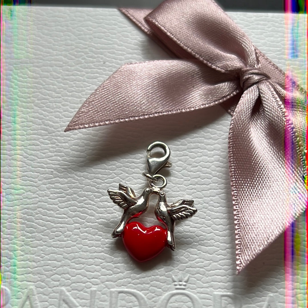 Genuine Thomas Sabo Sterling Silver Enamel Dangle Charm Red Heart Kissing Birds