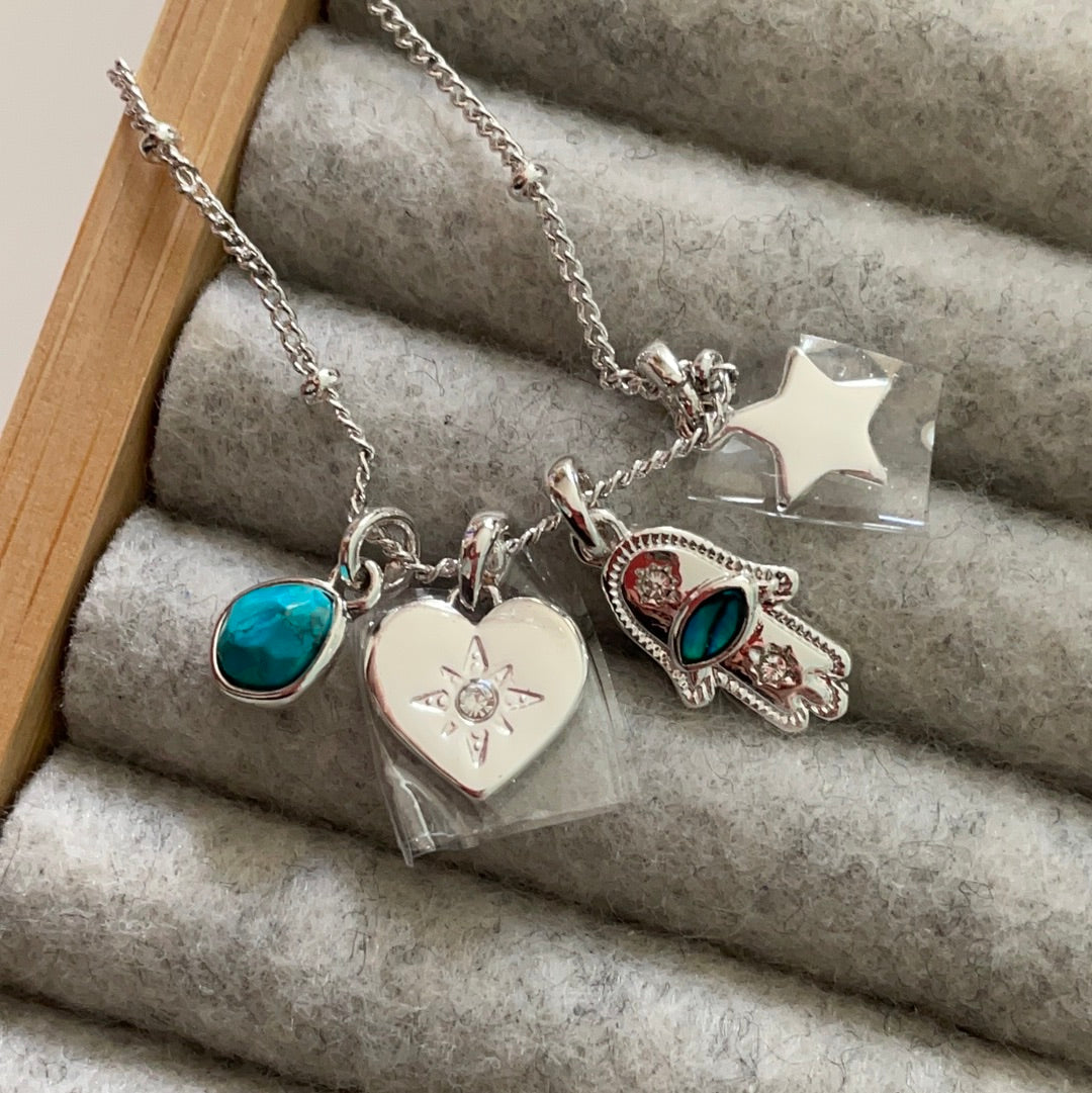 Brand New Sterling Silver Beaded Chain Necklace With Four Pendants Hamsa Hand, Turquoise Stone, Star and Heart With CZ