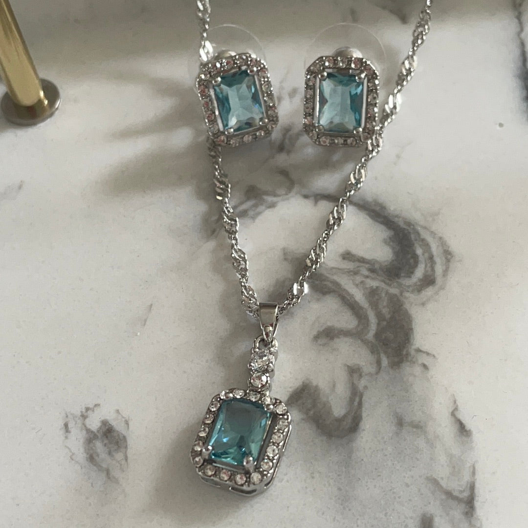 Brand New Set of Earrings and Necklace With Pale Blue Stone Pave