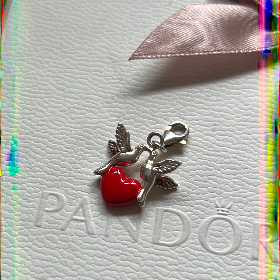 Genuine Thomas Sabo Sterling Silver Enamel Dangle Charm Red Heart Kissing Birds