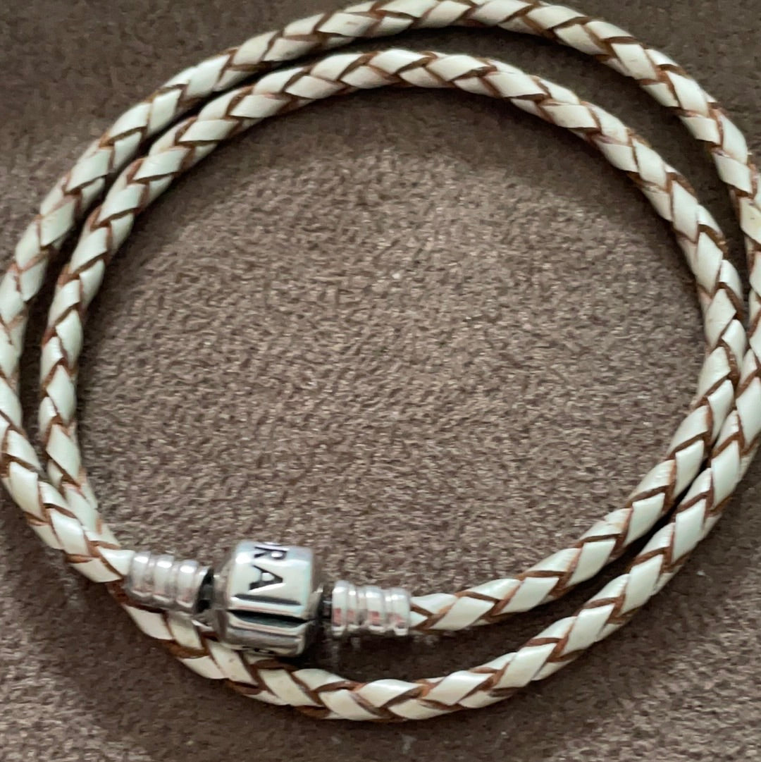 Genuine Pandora Cream and Brown Double Leather Bracelet Size Large