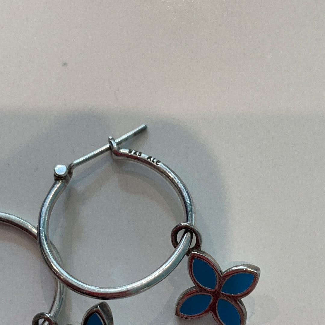 Genuine Pandora Hoops and Blue Enamel Flower Dangle Compose Earrings RARE