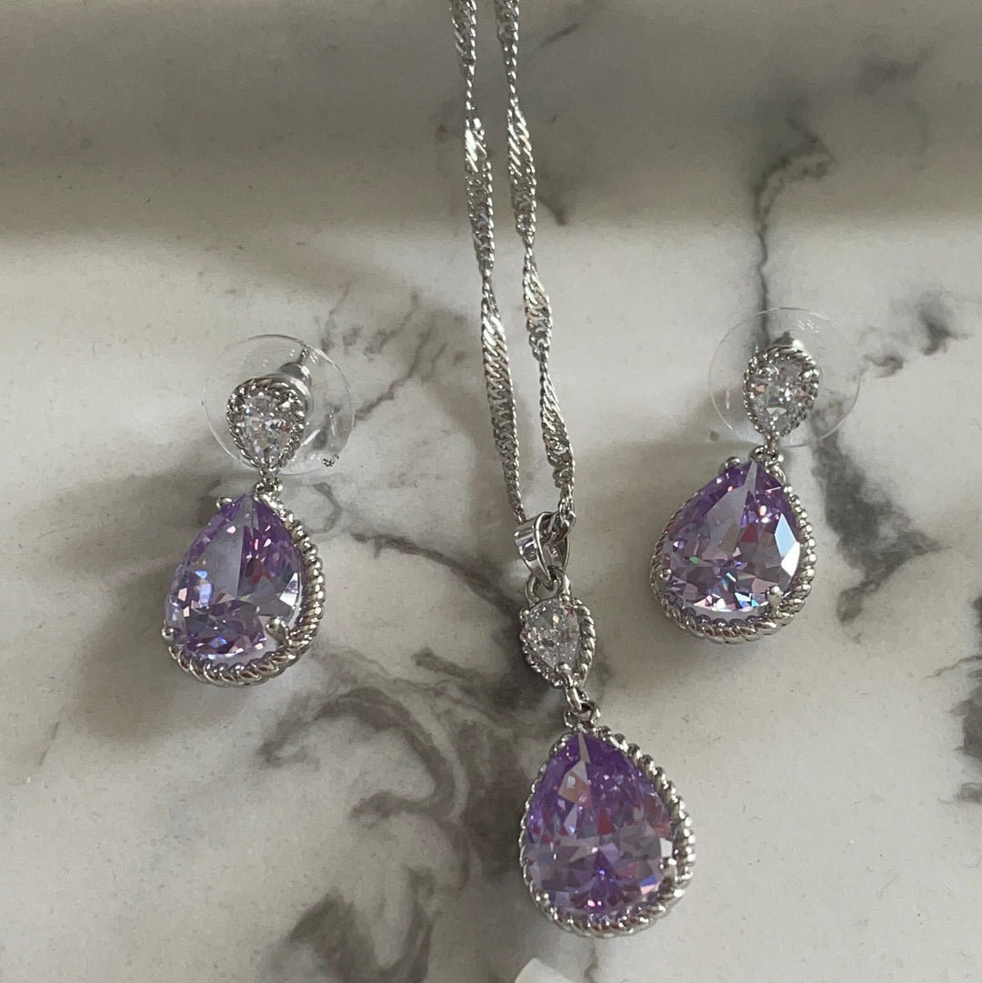 Brand New Set of Earrings and Necklace With Pale Purple Stone Pave