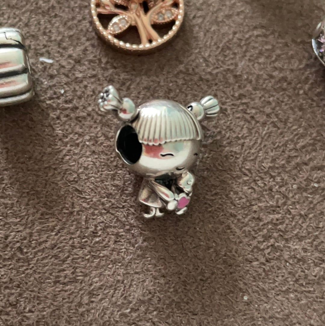 Genuine Pandora Little Girl With Pigtails Bear and Heart Charm BN