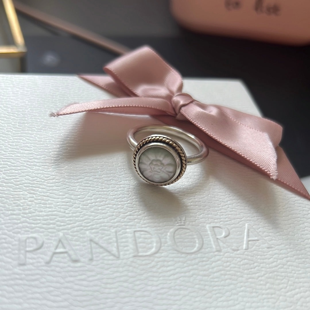 Genuine Pandora Retired Two Tone Gold Rope Mother of Pearl Ring 54