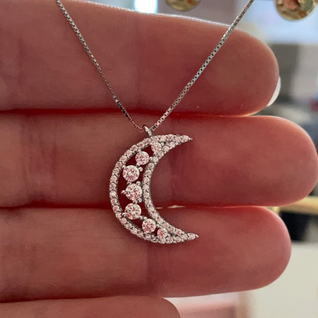 Brand New Sterling Silver Pave Cz Openwork Moon Necklace BEAUTIFUL