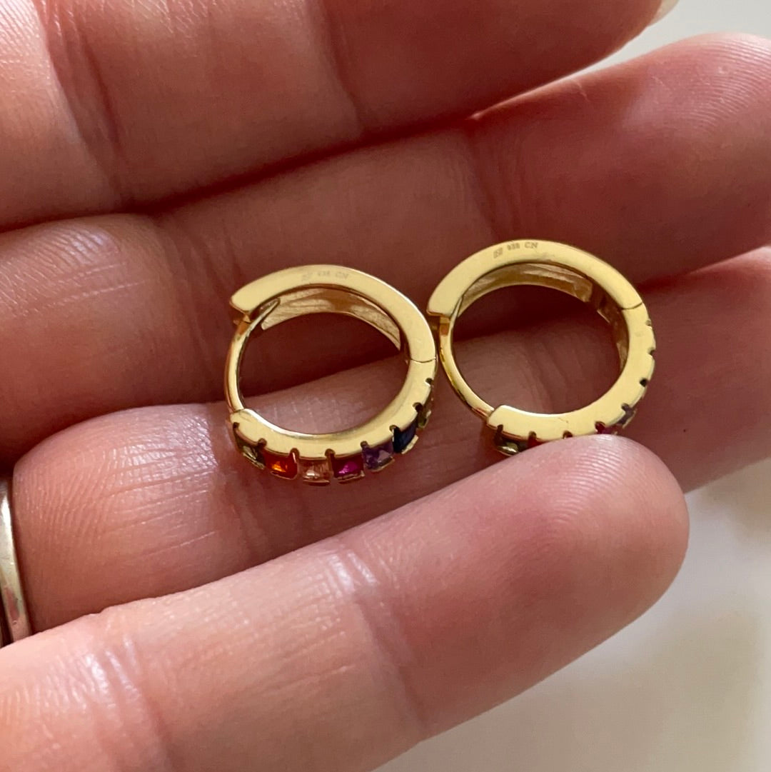 Brand New Gold Plated Sterling Silver Little Hoop/Sleeper Earrings WIth Rainbow ColourfulStone Detail