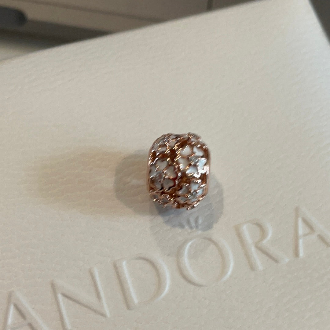 Genuine Pandora Rose Gold White Enamel Open Work Flower Charm CZ