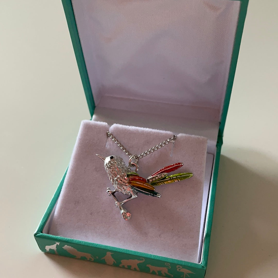 Brand New Silver Plated Enamel Colourful Bird on a Perch Necklace IN BOX