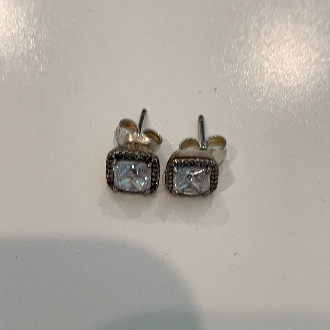Genuine Pandora Silver / Rose Gold Pave Square Stone Sparkle Studs Earrings
