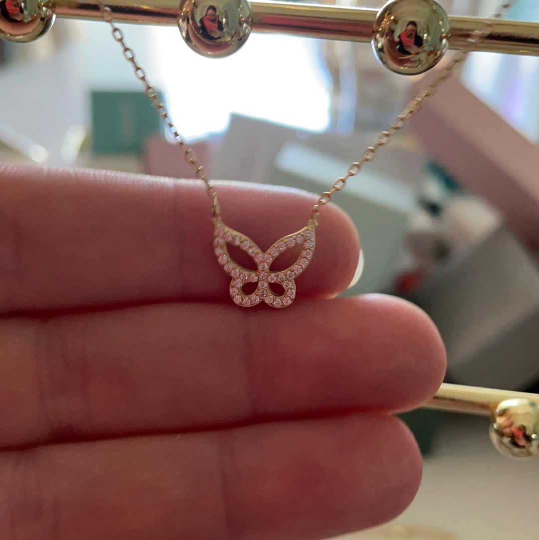 Brand New Pave CZ Butterfly Sterling Silver Gold Plated Open Work Necklace