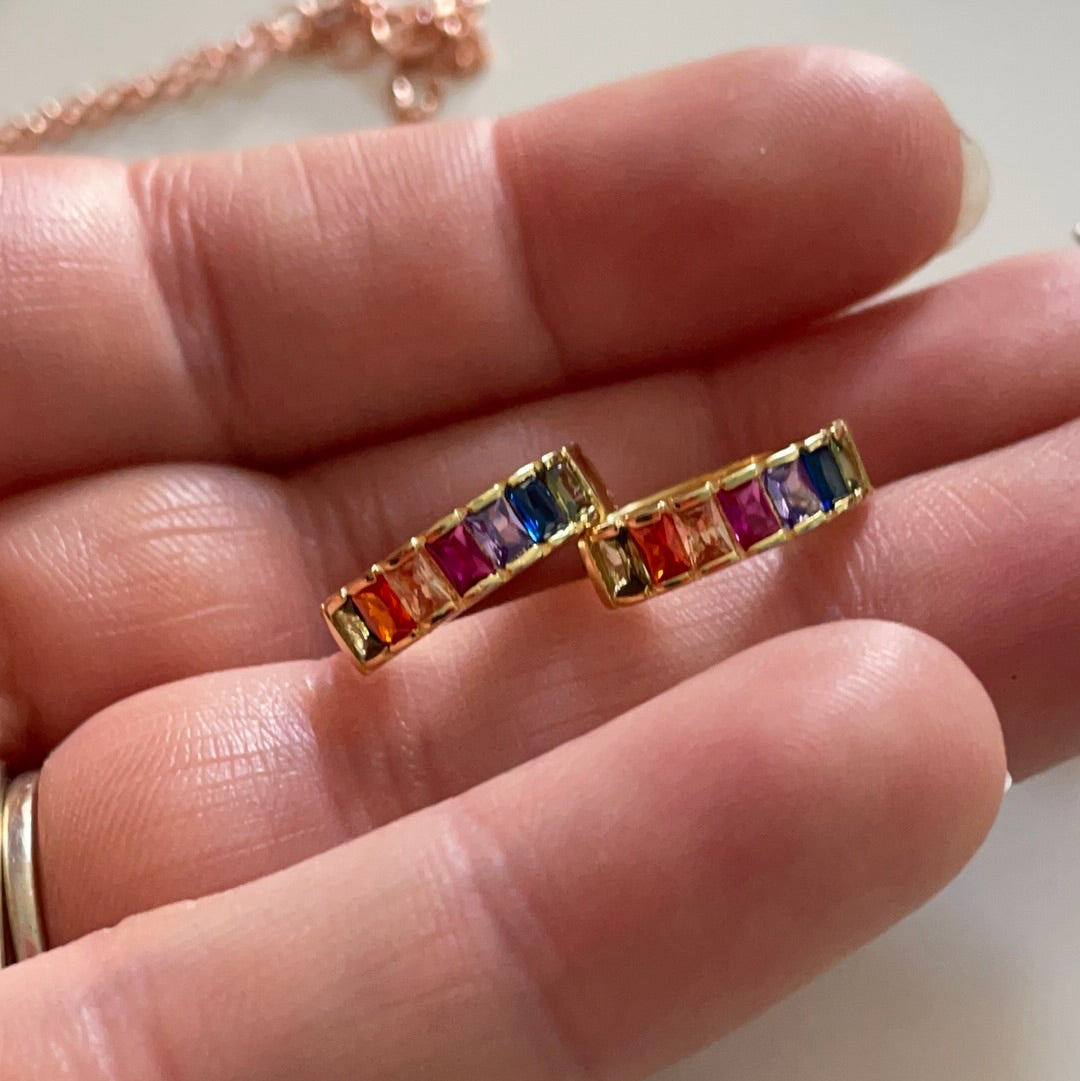 Brand New Gold Plated Sterling Silver Little Hoop/Sleeper Earrings WIth Rainbow ColourfulStone Detail