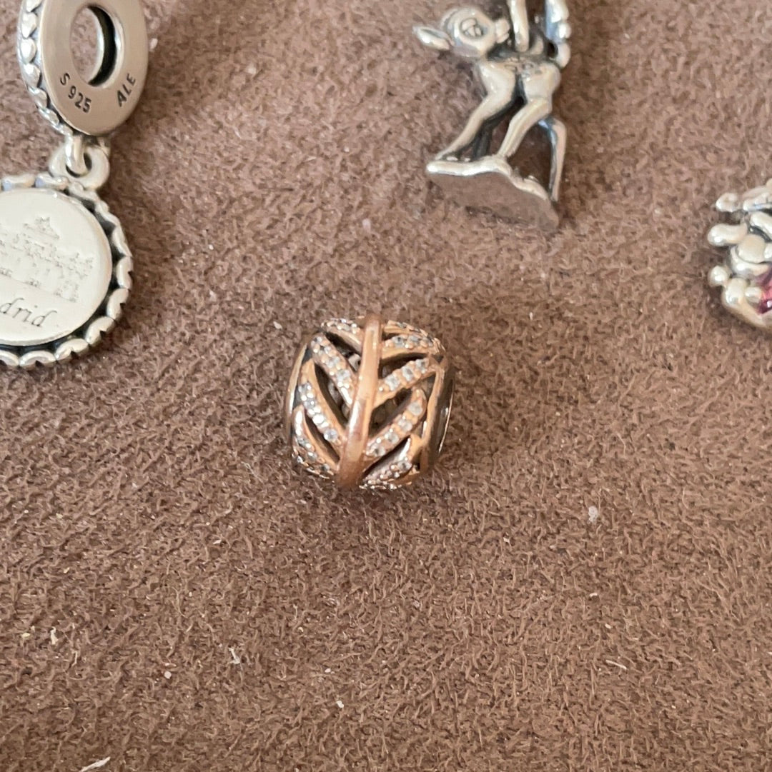 Genuine Pandora Rose Gold Openwork Leaf Pave Ball Charm