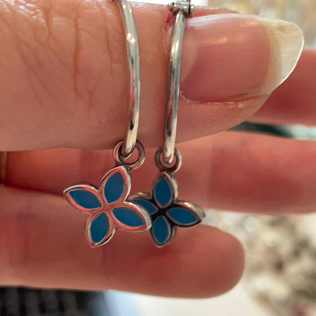 Genuine Pandora Hoops and Blue Enamel Flower Dangle Compose Earrings RARE