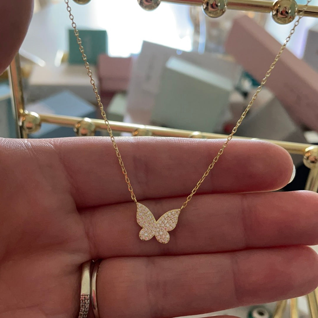 Brand New Pave CZ Butterfly Sterling Silver Gold Plated Necklace