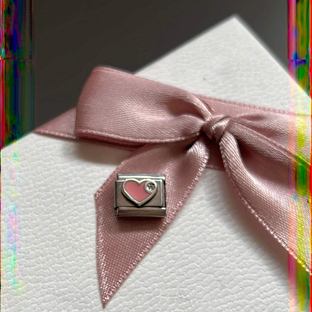 Genuine Nomination Silver Link Charm Enamel Pink Heart and CZ