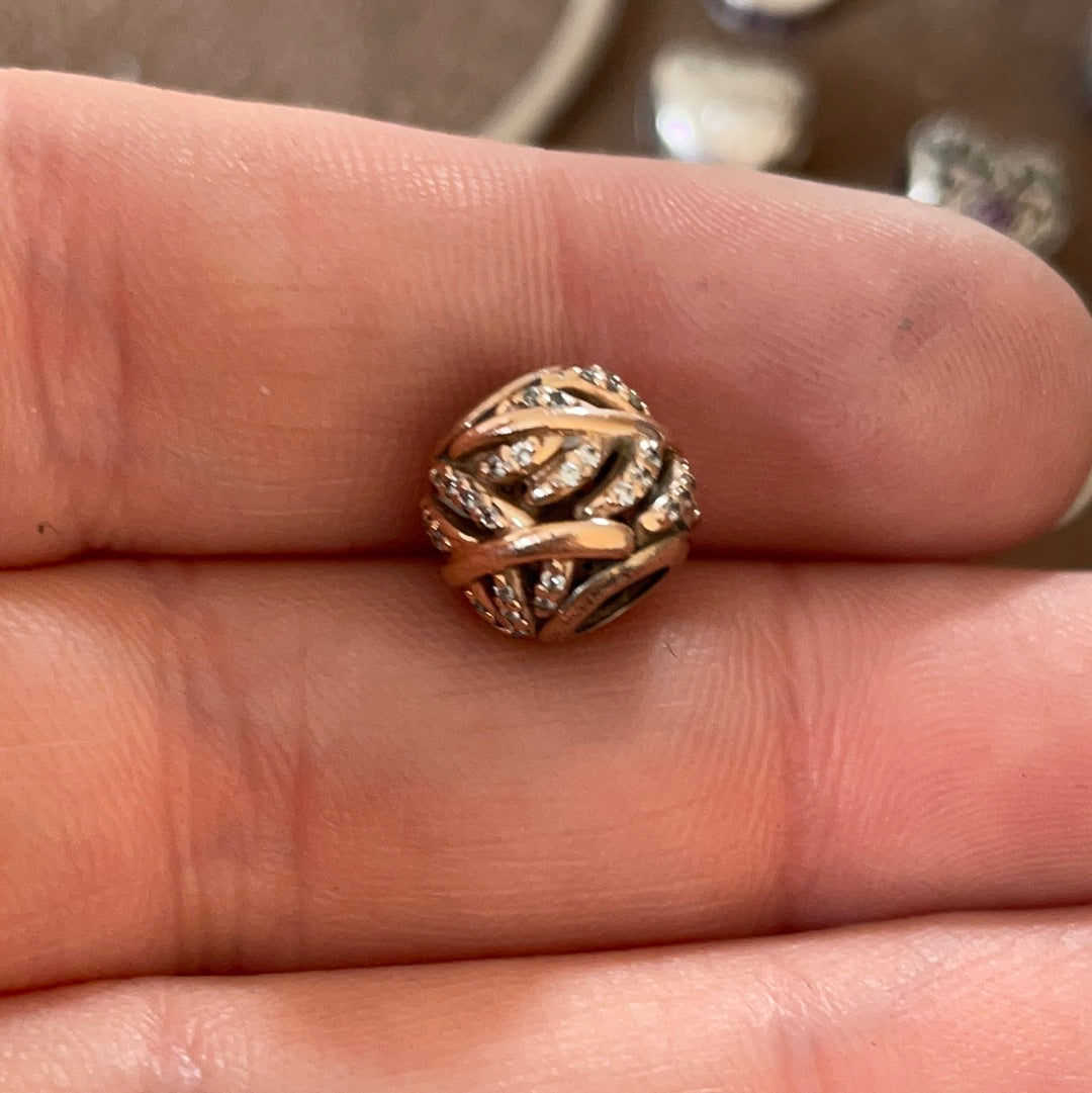 Genuine Pandora Rose Gold Openwork Leaf Pave Ball Charm