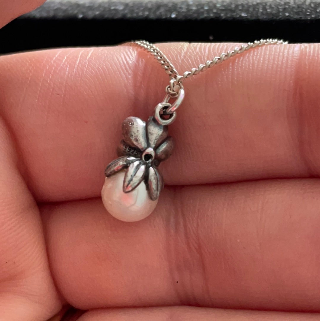 Genuine Pandora Rare Pearl Necklace Pendent with Mystic Flower