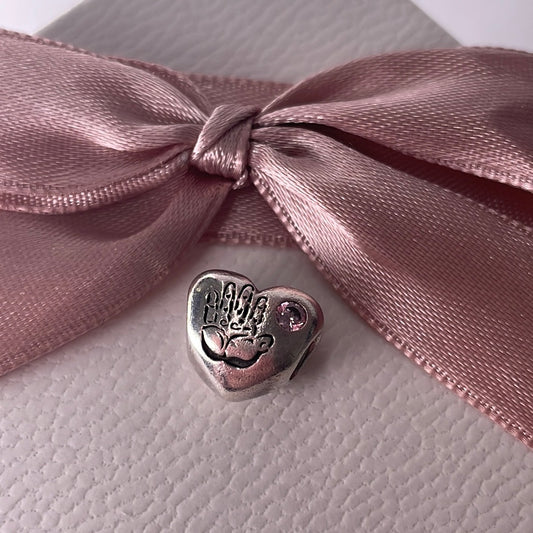 Genuine Pandora Its A Girl Heart Charm Handprint Pink Stone