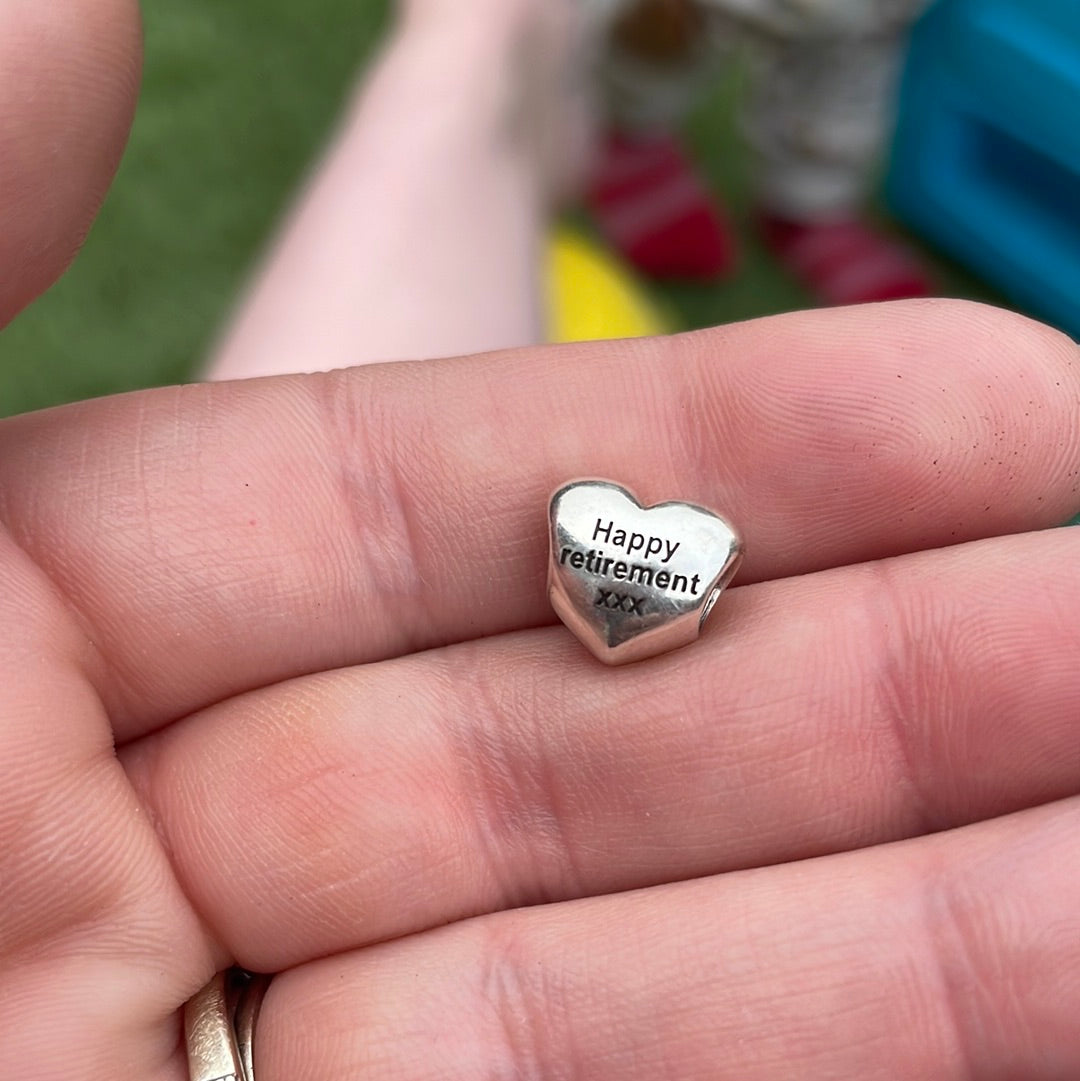 Genuine Pandora Silver Puffed Heart Charm With 'Happy Retirement ' Wording