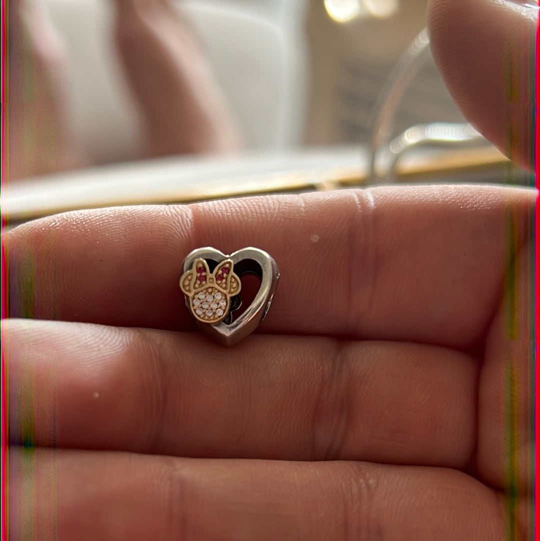Genuine Pandora Charm Two Tone Mickey & Minnie Love Icon RARE Pave Heart