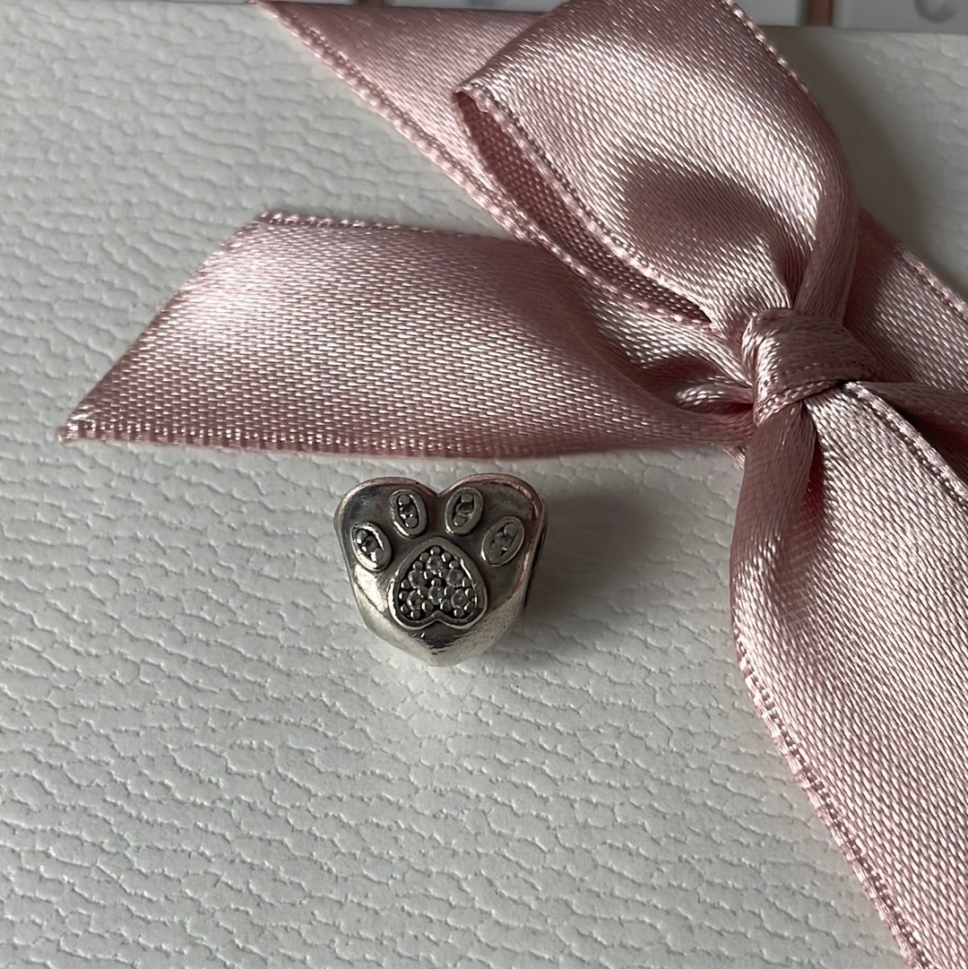 Genuine Pandora I Love My Pet Paw Print Pave Heart Shaped Charm