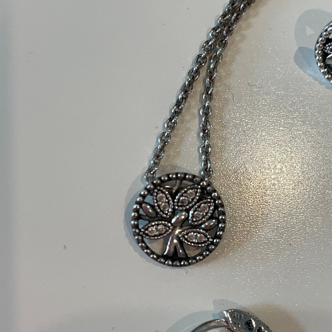 Genuine Pandora Silver Family Tree Pave Necklace with adjustable Chain