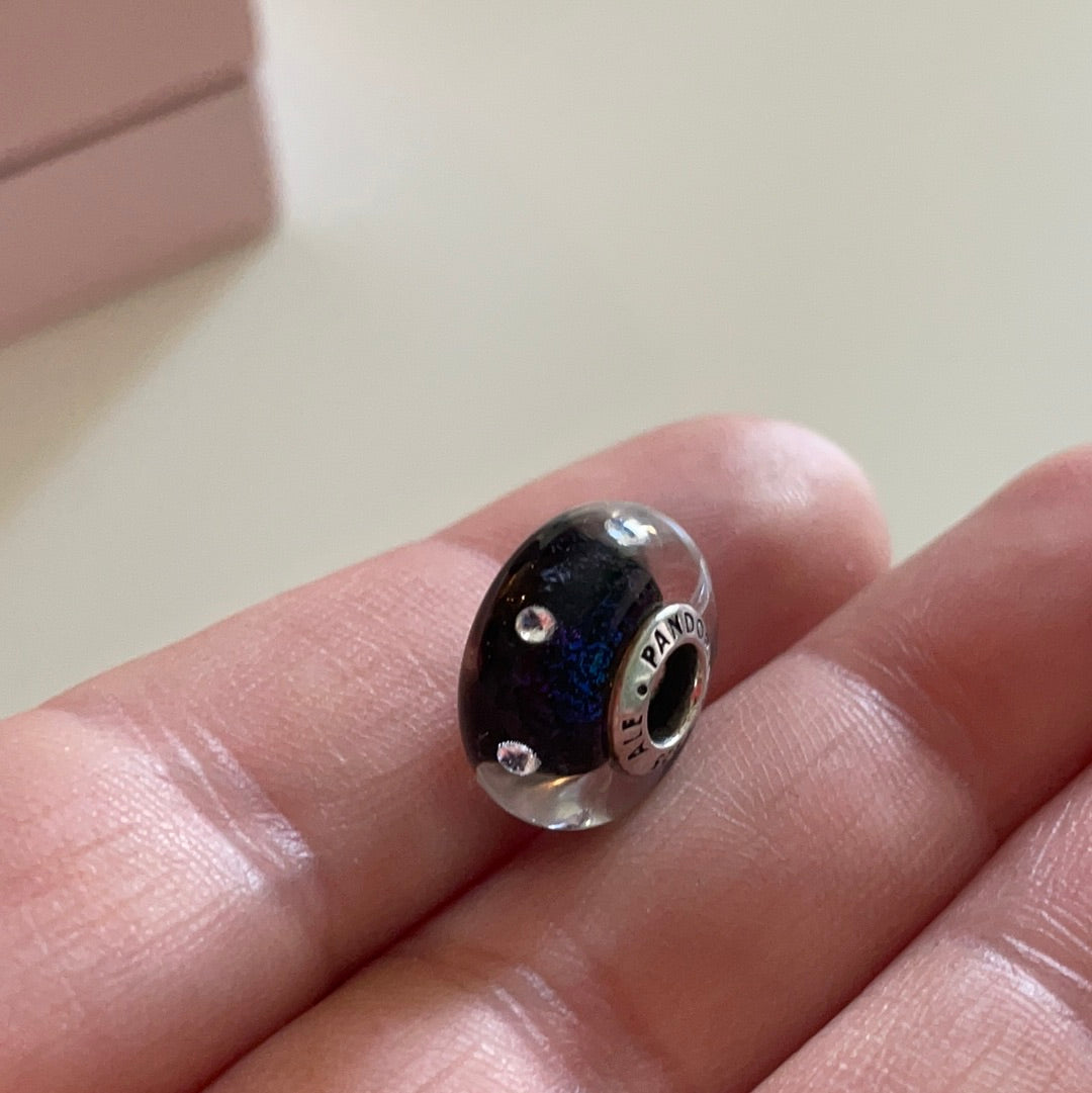 Genuine Pandora Midnight Blue Navy Sparkle With CZ Murano Glass Charm