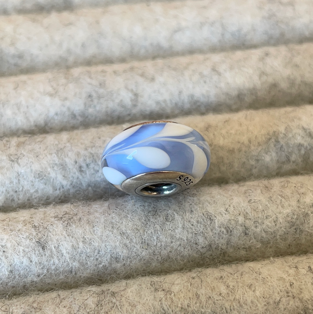 Genuine Pandora Baby Blue Glass Murano Charm With White Paint Swirl